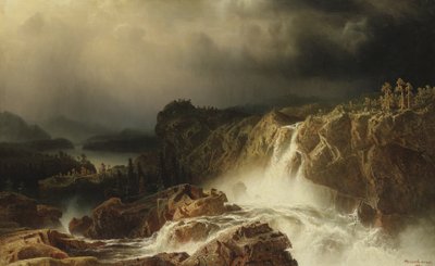 Rotsachtig landschap met waterval in Smaland, 1859 door Marcus Larson